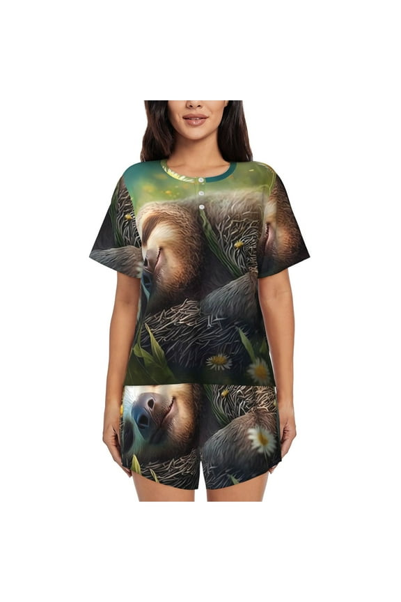 Daisy Sleeping Sloth Print Womens Pajamas Set,Short-Sleeve Pajama 2 Piece Sleepwear with Pockets-Medium