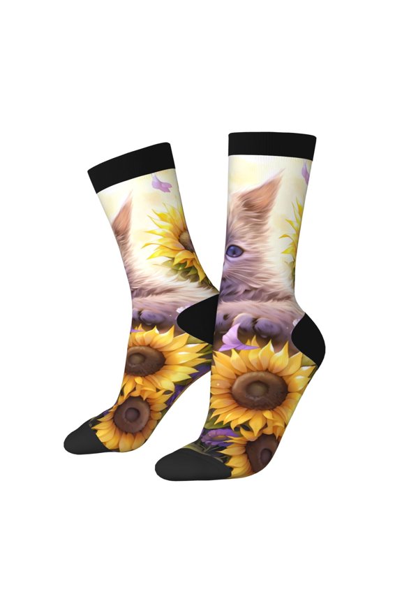 Daisy Sunflower Lazy Cat Print Adult Socks for Men & Women,Calf Socks, Ankle Socks,Boots Socks,Breathable Casual Sock,Unisex Crew Socks