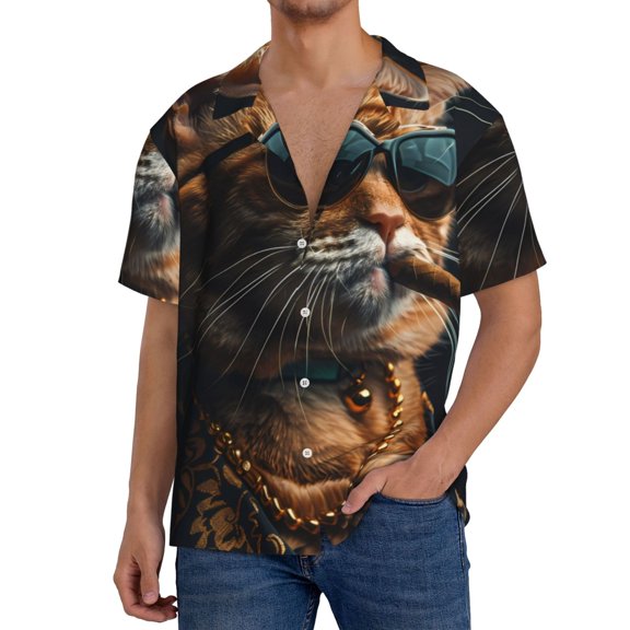 Logiee Dapper Cat in Sunglasses Print Men's Button Down Shirts Short Sleeve, Summer Beach Shirts,Vacation Wedding Shirts,Men's Casual Button-Down Shirts with Pocket-Medium