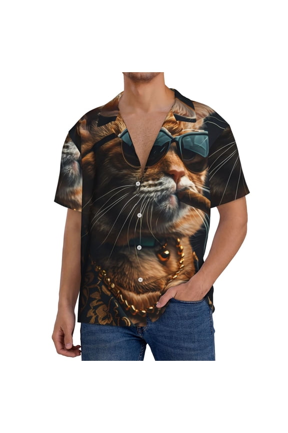 Dapper Cat in Sunglasses Print Men's Button Down Shirts Short Sleeve, Summer Beach Shirts,Vacation Wedding Shirts,Men's Casual Button-Down Shirts with Pocket-Large