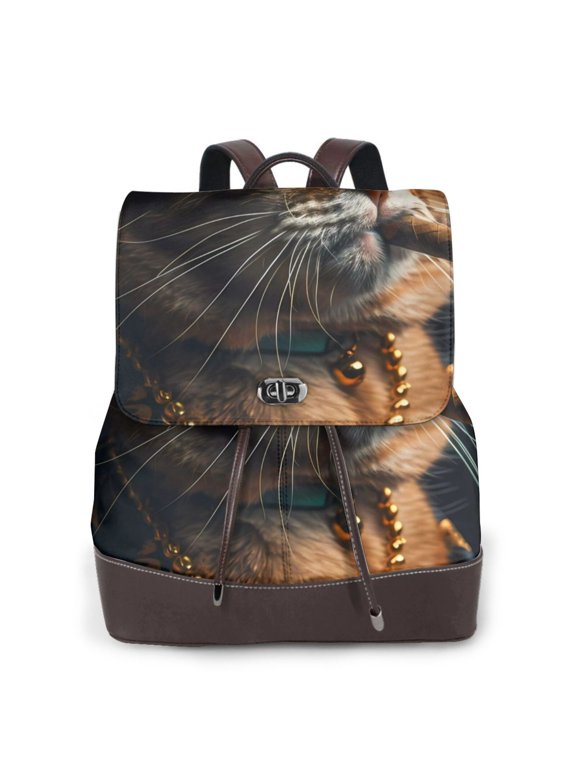 Dapper Cat in Sunglasses Print Women's Leather Backpack,Travel Laptop Backpack,Fashion Ladies Leather Backpack Bag for Travel,Leather Drawstring Daypack for Me