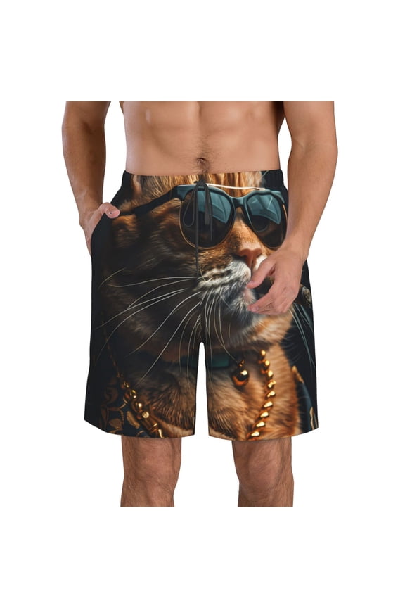 Dapper Cat in Sunglasses Print Mens Swim Trunks Quick Dry Board Shorts,Breathable Hawaii Beach Shorts Swimwear Bathing Suits-Small