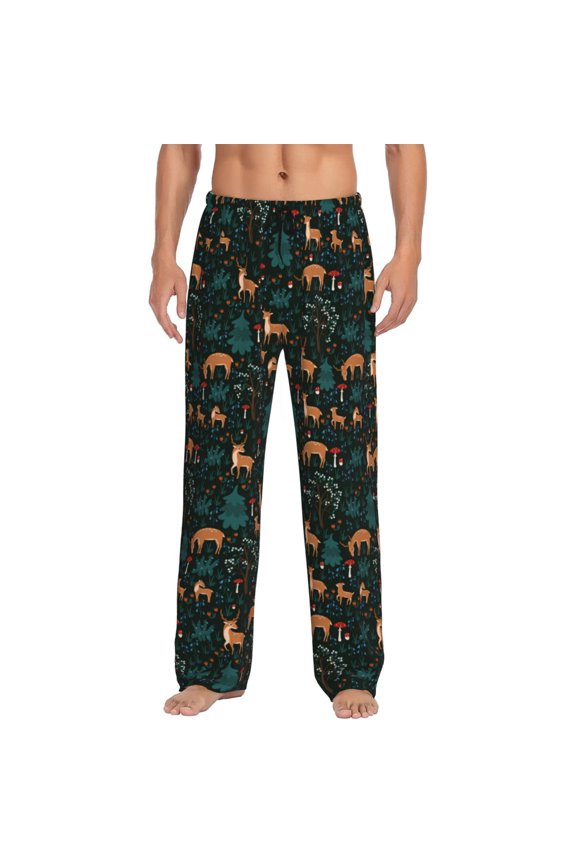 Deers In The Forest Print Pajama Pants for Men,Men’s Pajama Bottoms,Mens PJ Pants with Pockets & Button Fly-Large