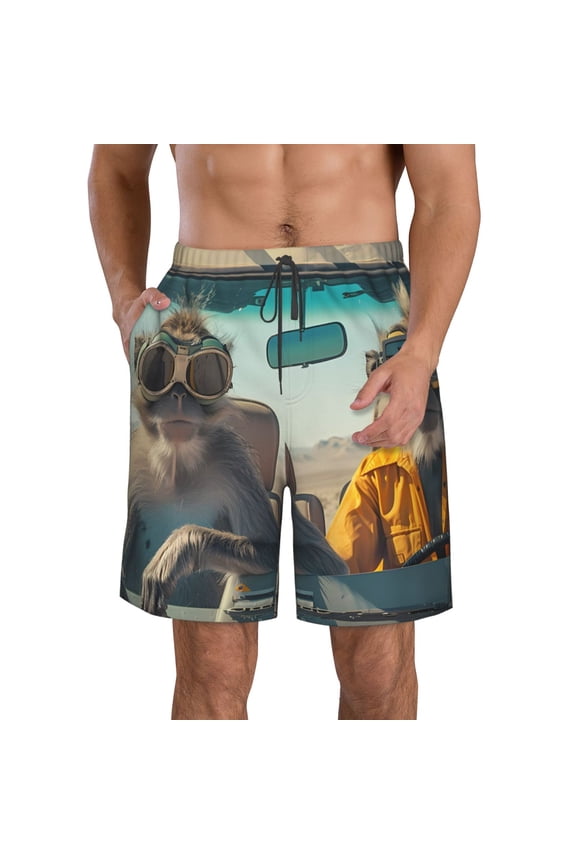 Desert Monkeys Drive Print Mens Swim Trunks Quick Dry Board Shorts,Breathable Hawaii Beach Shorts Swimwear Bathing Suits-Medium
