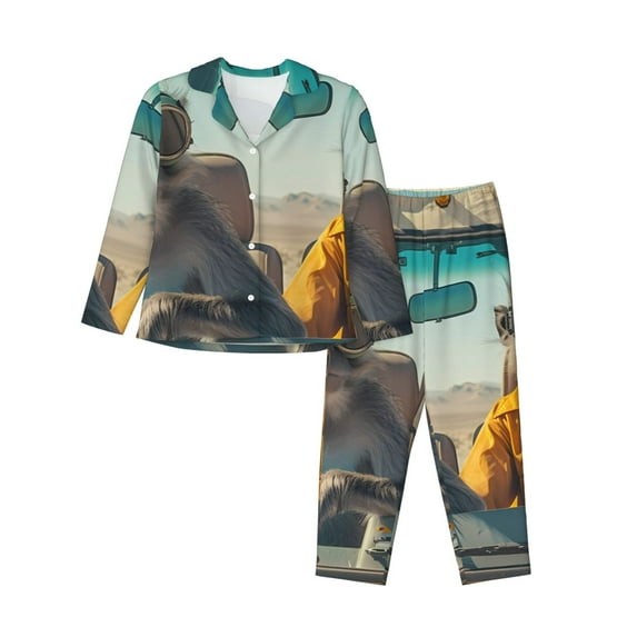 Logiee Desert Monkeys Drive Print Womens Pajamas Set,Long Sleeve Sleepwear,Button Down Lounge Set 2 Pieces,Soft Nightwear Pjs Set-Large
