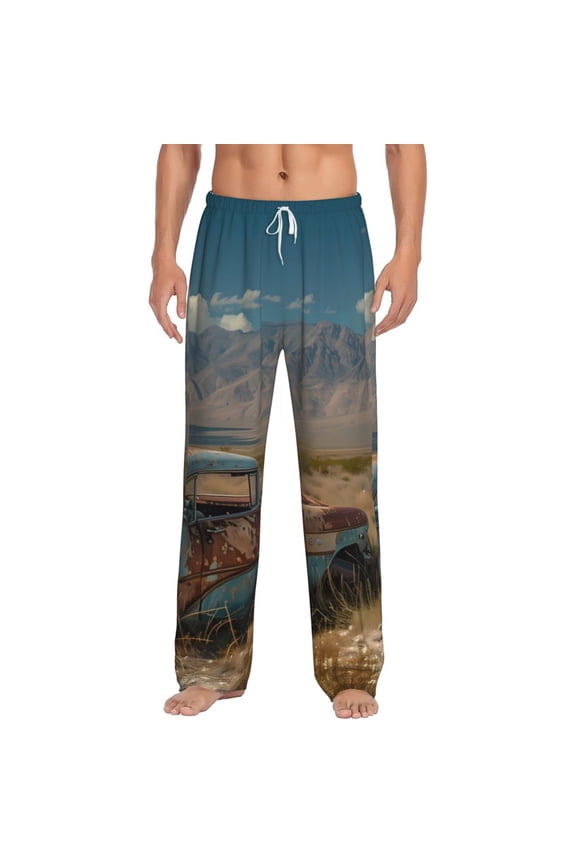 Deserted Classic Car Landscape Print Pajama Pants for Men,Men’s Pajama Bottoms,Mens PJ Pants with Pockets & Button Fly-Large