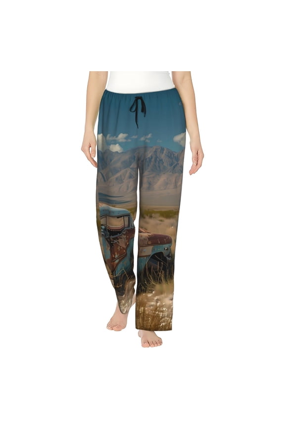 Deserted Classic Car Landscape Print Women Pajama Pants,Comfy Pj Bottom with Pockets & Drawstring,Stretch Casual Sleepwear-Small