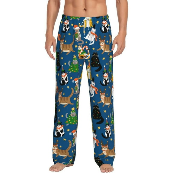 Logiee Different Cats Christmas Print Pajama Pants for Men,Men’s Pajama Bottoms,Mens PJ Pants with Pockets & Button Fly-X-Large