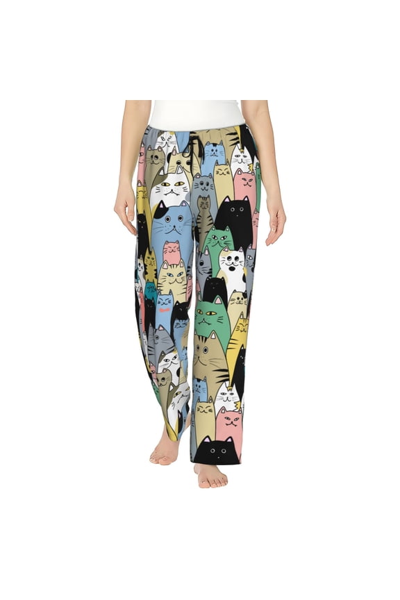 Different Cats Print Women Pajama Pants,Comfy Pj Bottom with Pockets & Drawstring,Stretch Casual Sleepwear-Large