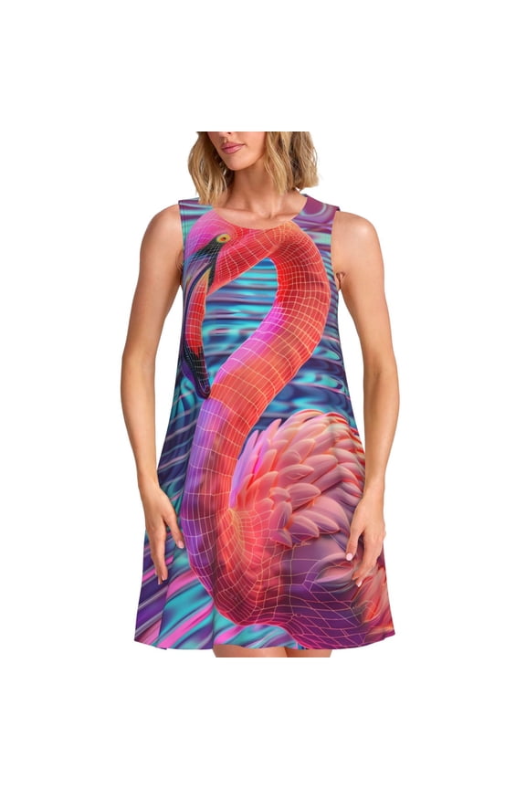Digital Flamingo Vibrant Art Print Summer Dresses for Women,Beach Sleeveless Flowy Pocket Tshirt Tank Sundresses,Women's Sleeveless Dress