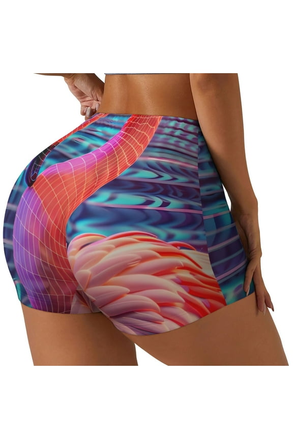 Digital Flamingo Vibrant Art Print Women's Biker Shorts,Workout Gym Shorts,Scrunch Shorts,Tummy Control Hidden Scrunch Running Yoga Shorts-Medium
