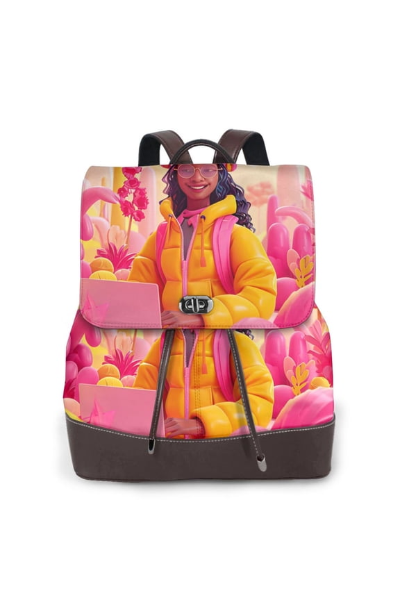 Logiee Digital Nomad Pink Landscape Print Backpack Purse for Women,Fashion Leather Backpack Purse,Women's Leather Backpack for Work College Travel