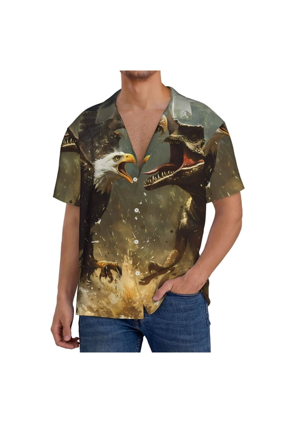 Dinosaur Bald Eagle Print Men's Button Down Shirts Short Sleeve, Summer Beach Shirts,Vacation Wedding Shirts,Men's Casual Button-Down Shirts with Pocket-Small