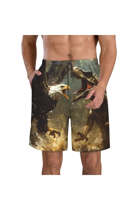 Dinosaur Bald Eagle Print Mens Swim Trunks Quick Dry Board Shorts,Breathable Hawaii Beach Shorts Swimwear Bathing Suits-Small