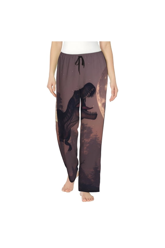 Dinosaur Moonlit Forest Print Women Pajama Pants,Comfy Pj Bottom with Pockets & Drawstring,Stretch Casual Sleepwear-Small