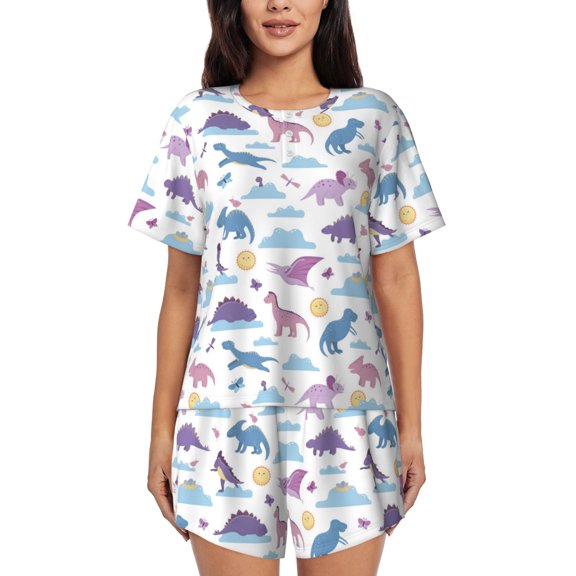 Logiee Dinosaur Print Womens Pajamas Set,Short-Sleeve Pajama 2 Piece Sleepwear with Pockets-4X-Large