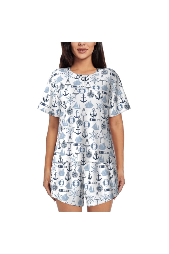 Dock Rudder Print Womens Pajamas Set,Short-Sleeve Pajama 2 Piece Sleepwear with Pockets-Large