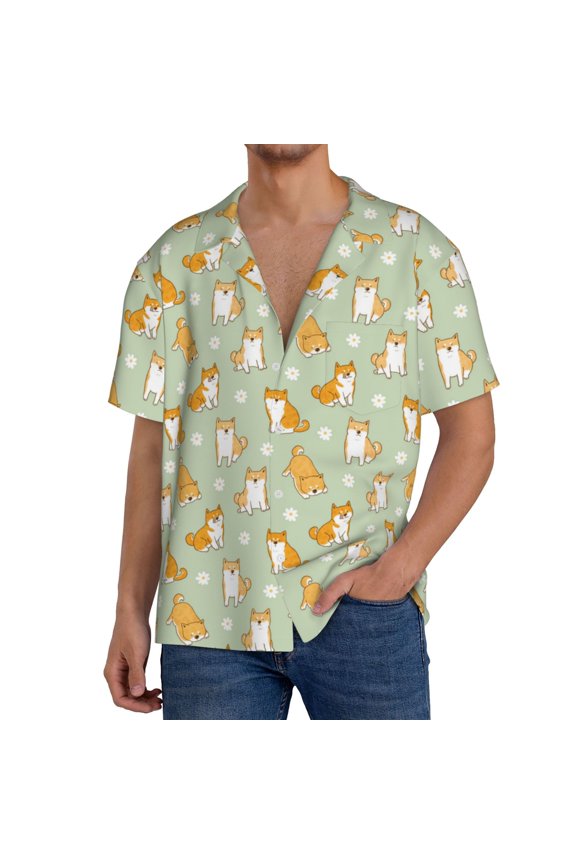 Dog And Flower Print Men's Button Down Shirts Short Sleeve, Summer Beach Shirts,Vacation Wedding Shirts,Men's Casual Button-Down Shirts with Pocket-Large
