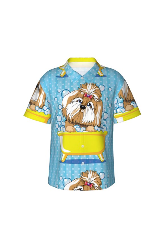 Dog Takes a Bath in the Bathtub Print Mens Hawaiian Shirts,Loose-Fit Short Sleeve Button Down Tropical Aloha Beach Shirt,Summer Vacation Wedding Tops,3X-Large