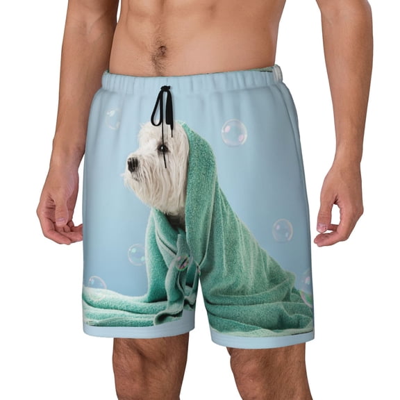 Logiee Dog Wrapped in Towel Print Men's Swim Trunk,Quick Dry Board Shorts ,Men's Swim Trunks with Compression Liner, Bathing Suits with Pockets-Large