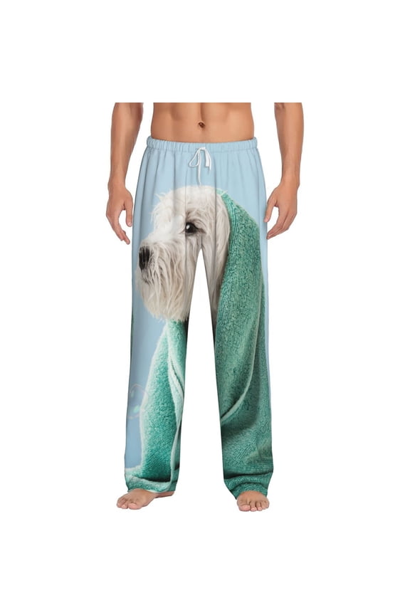 Dog Wrapped in Towel Print Pajama Pants for Men,Men’s Pajama Bottoms,Mens PJ Pants with Pockets & Button Fly-X-Large