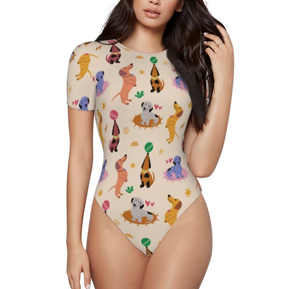 Logiee Dogs In Different Poses Print Women's Short Sleeve Bodysuit,Crew Neck Soft Comfortable Fit Sexy Top,Body Suit Shirts,Short Sleeve T-Shirts-X-Large