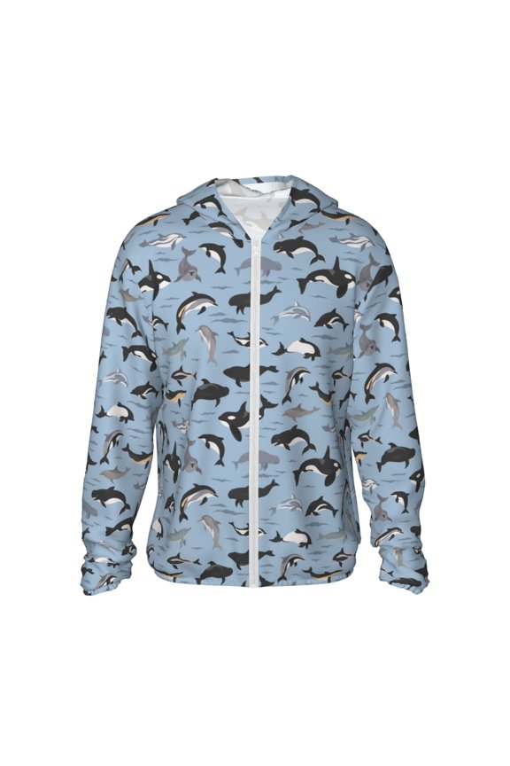 Dolphins Print Men's Women Light Jacket Full Zip Sun Protection Hoodie Long Sleeve Sun Shirts for Men Hiking Fishing Zip Pockets-Medium