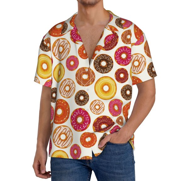 Logiee Donut Print Men's Button Down Shirts Short Sleeve, Summer Beach Shirts,Vacation Wedding Shirts,Men's Casual Button-Down Shirts with Pocket-Medium
