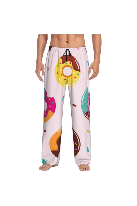 Donut Print Pajama Pants for Men,Men’s Pajama Bottoms,Mens PJ Pants with Pockets & Button Fly-Small