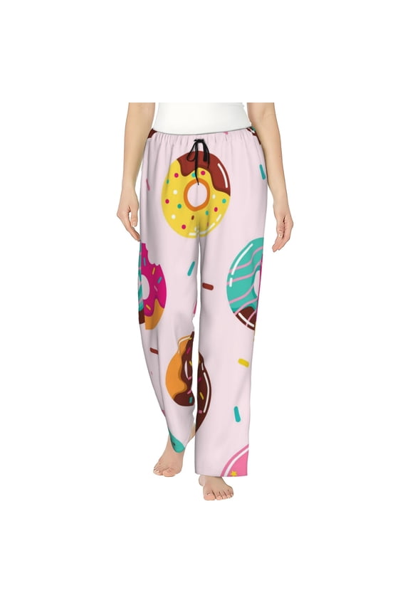 Donut Print Women Pajama Pants,Comfy Pj Bottom with Pockets & Drawstring,Stretch Casual Sleepwear-Small
