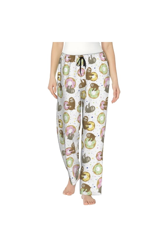 Donut Sloth Print Women Pajama Pants,Comfy Pj Bottom with Pockets & Drawstring,Stretch Casual Sleepwear-Large
