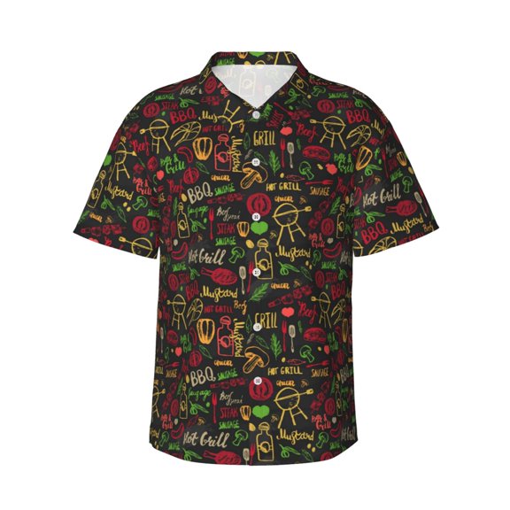 Logiee Doodle Barbeque 1 Print Mens Hawaiian Shirts,Loose-Fit Short Sleeve Button Down Tropical Aloha Beach Shirt,Summer Vacation Wedding Tops,Large