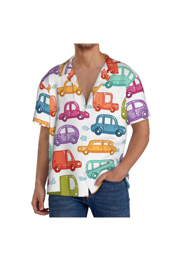 Doodle Cars Print Men's Button Down Shirts Short Sleeve, Summer Beach Shirts,Vacation Wedding Shirts,Men's Casual Button-Down Shirts with Pocket-Medium