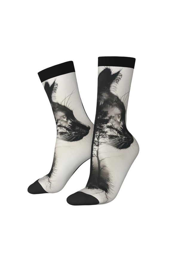 Double Exposure Cat Forest Print Adult Socks for Men & Women,Calf Socks, Ankle Socks,Boots Socks,Breathable Casual Sock,Unisex Crew Socks