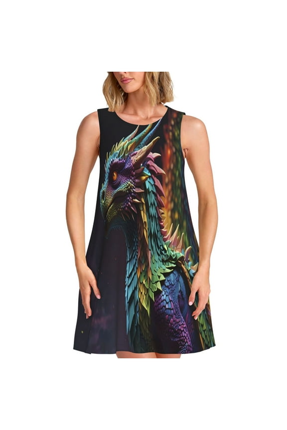 Dragon with Colorful Tail Print Summer Dresses for Women,Beach Sleeveless Flowy Pocket Tshirt Tank Sundresses,Women's Sleeveless Dress