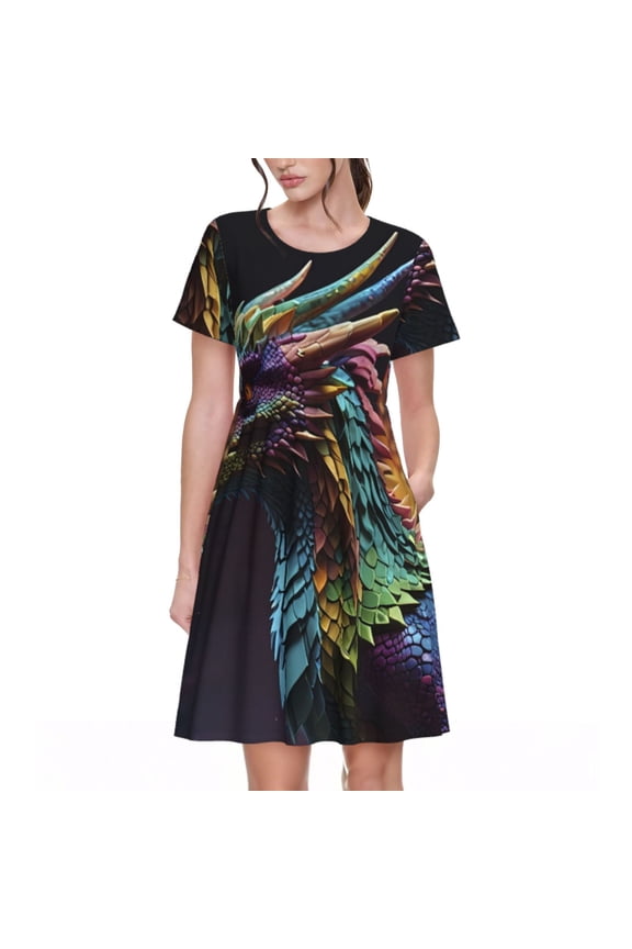 Dragon with Colorful Tail Print Womens Summer Dress,Casual Short Sleeve Sundresses,Beach A-line Shift Dress with Pockets