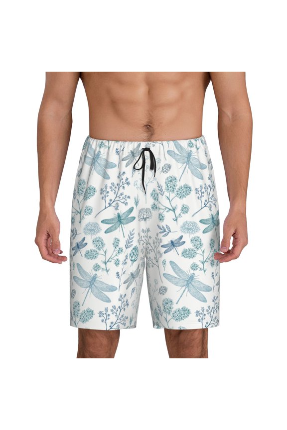 Dragonfly Print Men's Pajama Shorts with Drawstring & Pockets,Sleep Shorts for Men,Sleepwear Bottoms,Elastic Waistband Loungewear-Large
