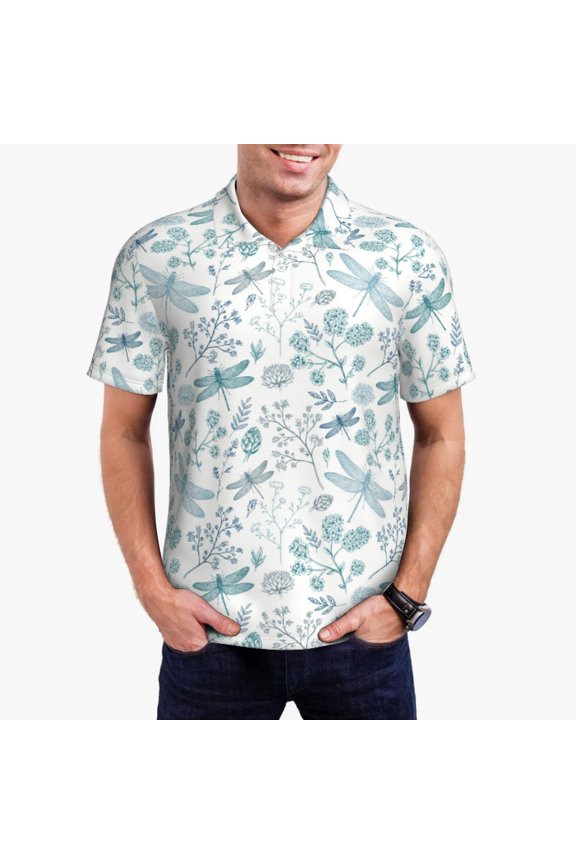 Dragonfly Print Mens Polo Shirts,Mens Golf Polo Shirts,Short Sleeve Casual Polo Shirts for Men,Summer Fashion Beach Shirts-Small