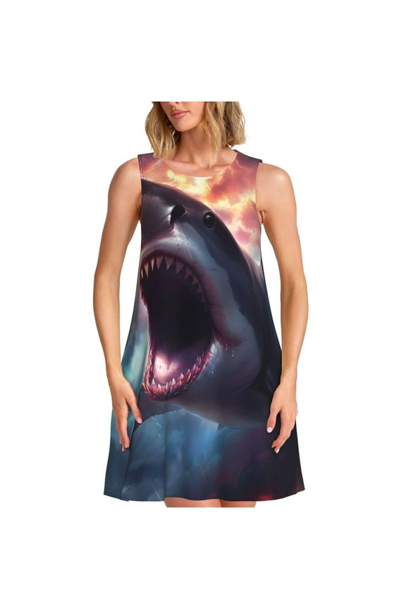 Dramatic Shark Attack Print Summer Dresses for Women,Beach Sleeveless Flowy Pocket Tshirt Tank Sundresses,Women's Sleeveless Dress