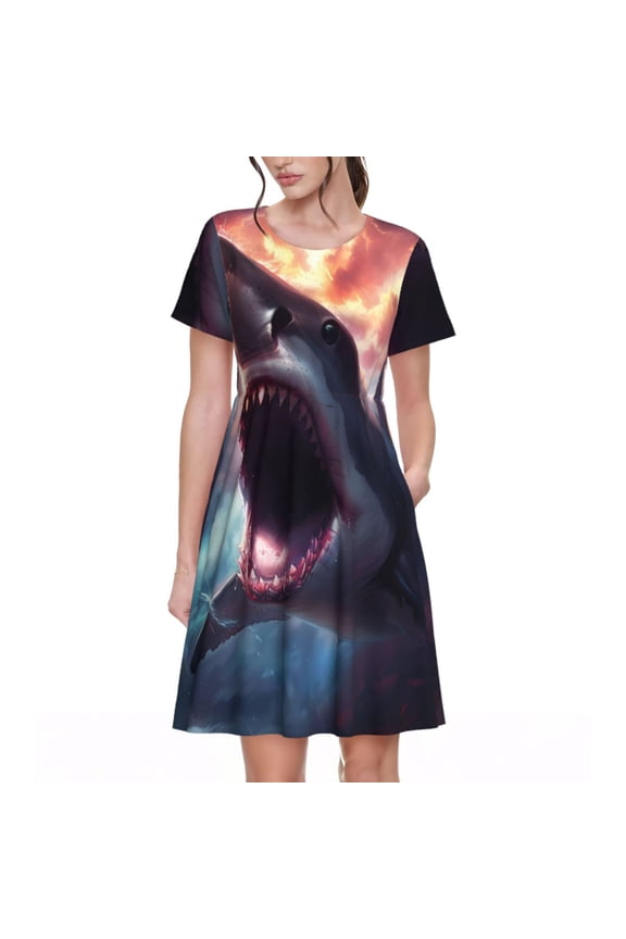 Dramatic Shark Attack Print Womens Summer Dress,Casual Short Sleeve Sundresses,Beach A-line Shift Dress with Pockets