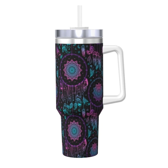 Logiee Dreamcatcher With Feathers Print 40OZ Ice Bully Cup with Handle and Straw, Double Wall Stainless Steel Tumbler,Travel Coffee Cup with Lid, Summer Insulation and Cooling Cup