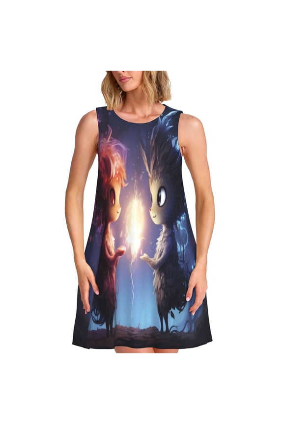 Dreamy Forest Elf Print Summer Dresses for Women,Beach Sleeveless Flowy Pocket Tshirt Tank Sundresses,Women's Sleeveless Dress