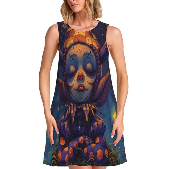 Logiee Dreamy Jester Under Stars Print Summer Dresses for Women,Beach Sleeveless Flowy Pocket Tshirt Tank Sundresses,Women's Sleeveless Dress