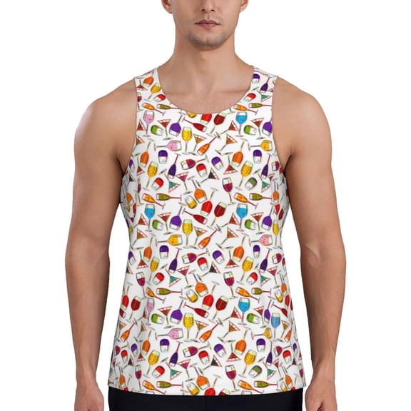 Logiee Drink And Cocktail Glasses Print Men's Workout Tank Top,Quick Dry Workout Tank Top,Gym Muscle Tee,Fitness Bodybuilding Sleeveless T Shirt-Small