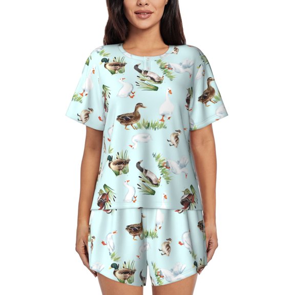 Logiee Duck Animals Farm Print Womens Pajamas Set,Short-Sleeve Pajama 2 Piece Sleepwear with Pockets-3X-Large