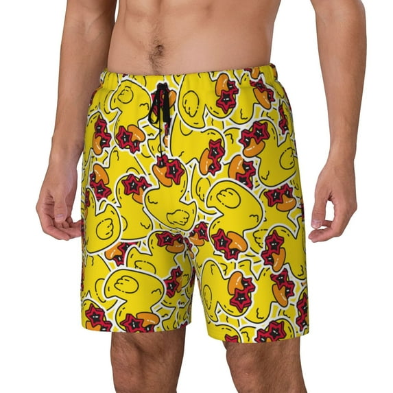 Logiee Duck with Star Sunglasses Print Men's Swim Trunk,Quick Dry Board Shorts ,Men's Swim Trunks with Compression Liner, Bathing Suits with Pockets-XX-Large
