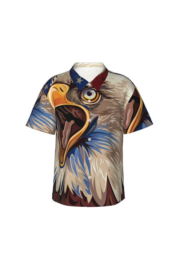 Eagle With USA Flags Print Mens Hawaiian Shirts,Loose-Fit Short Sleeve Button Down Tropical Aloha Beach Shirt,Summer Vacation Wedding Tops,3X-Large