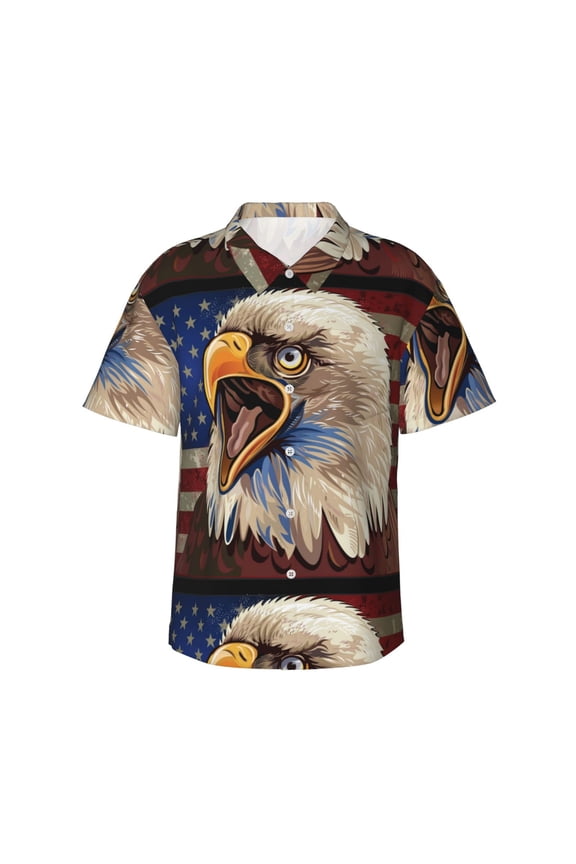 Eagle With USA Flags Print Mens Hawaiian Shirts,Loose-Fit Short Sleeve Button Down Tropical Aloha Beach Shirt,Summer Vacation Wedding Tops,3X-Large