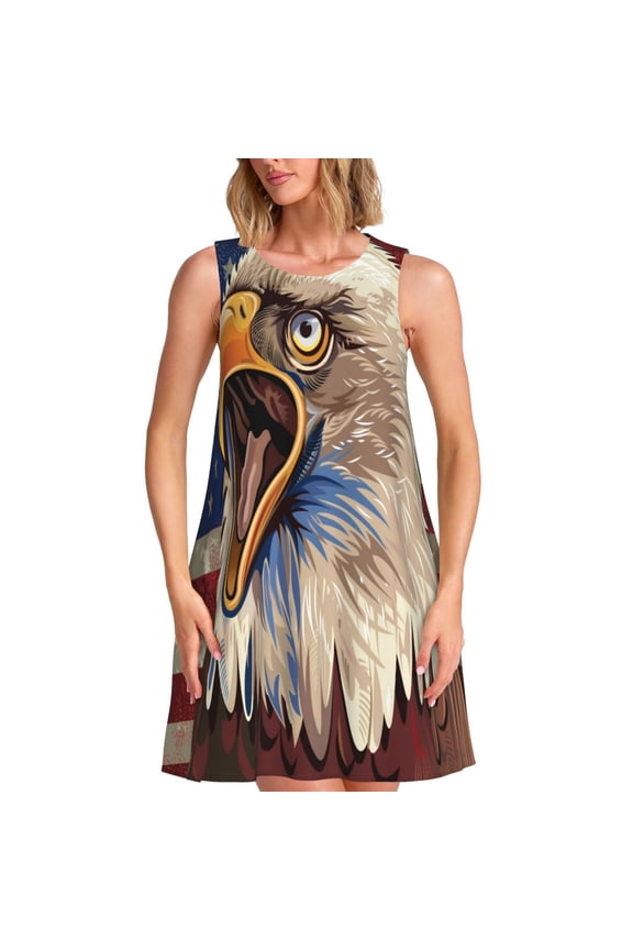 Eagle With USA Flags Print Summer Dresses for Women,Beach Sleeveless Flowy Pocket Tshirt Tank Sundresses,Women's Sleeveless Dress