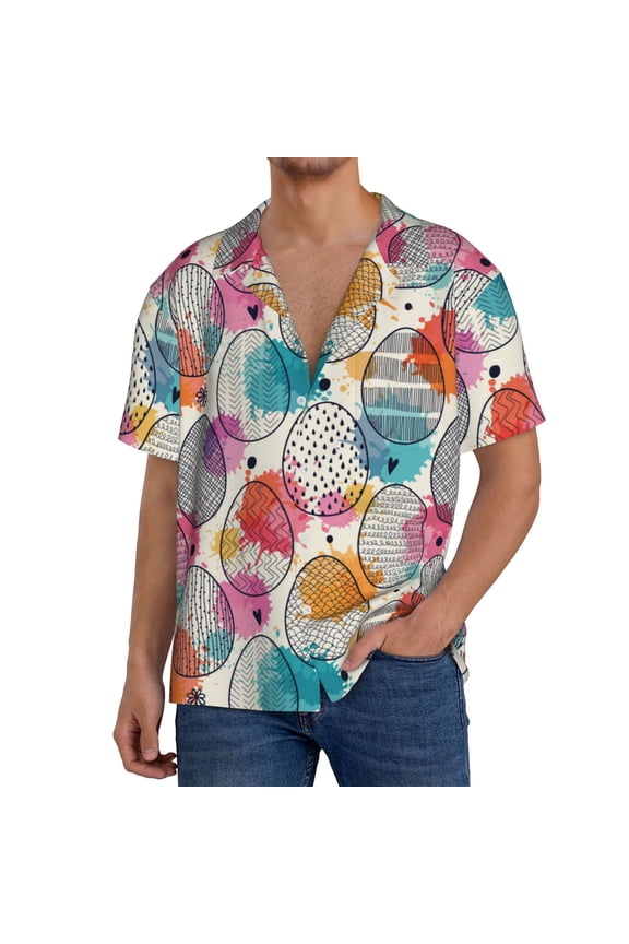 Easter Egg Print Men's Button Down Shirts Short Sleeve, Summer Beach Shirts,Vacation Wedding Shirts,Men's Casual Button-Down Shirts with Pocket-Large